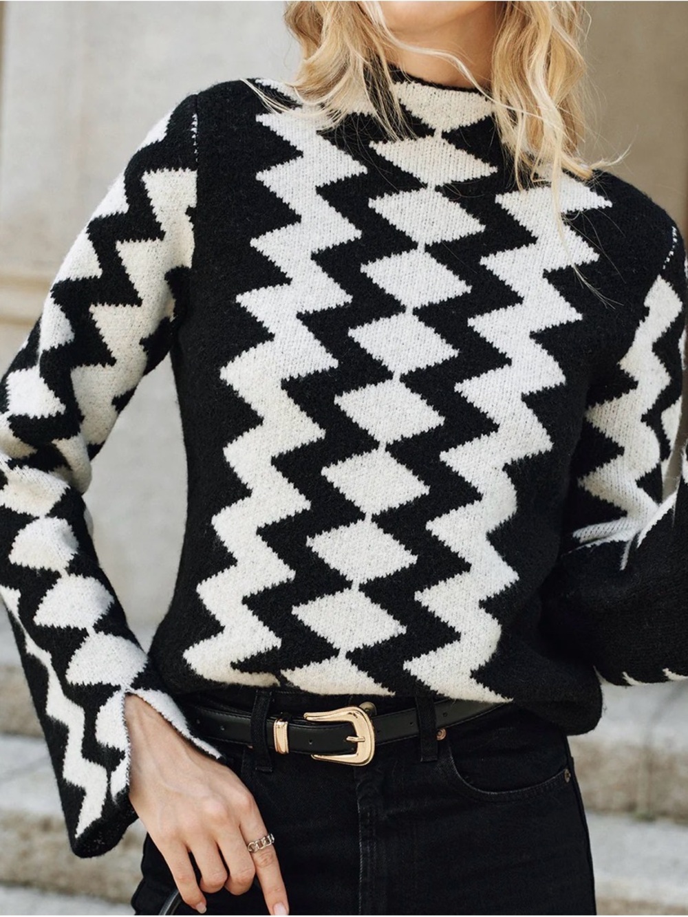 Commense Black & White Zigzag Cowl Sweater - Picture 3 of 7